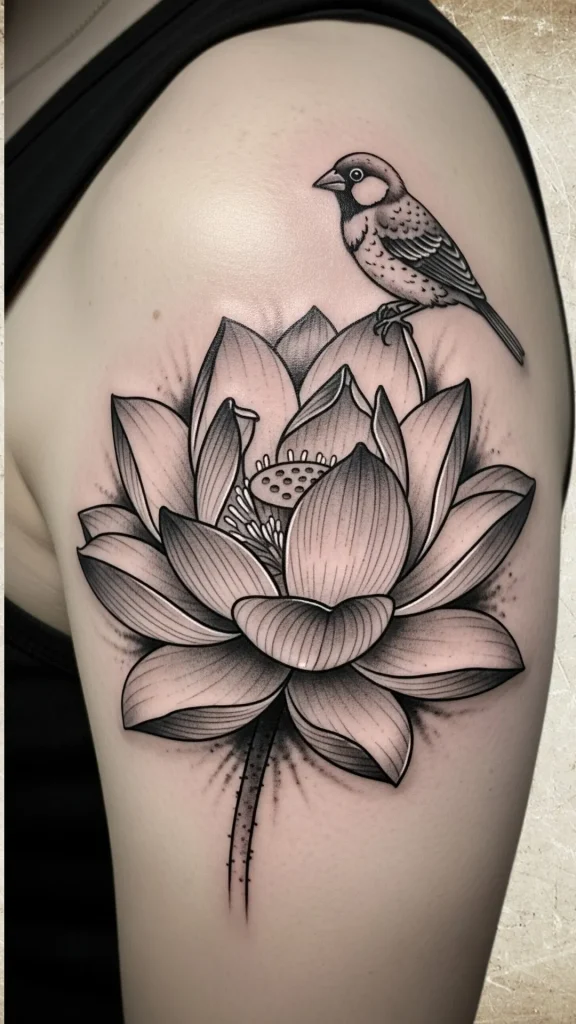 Lotus and Small Bird