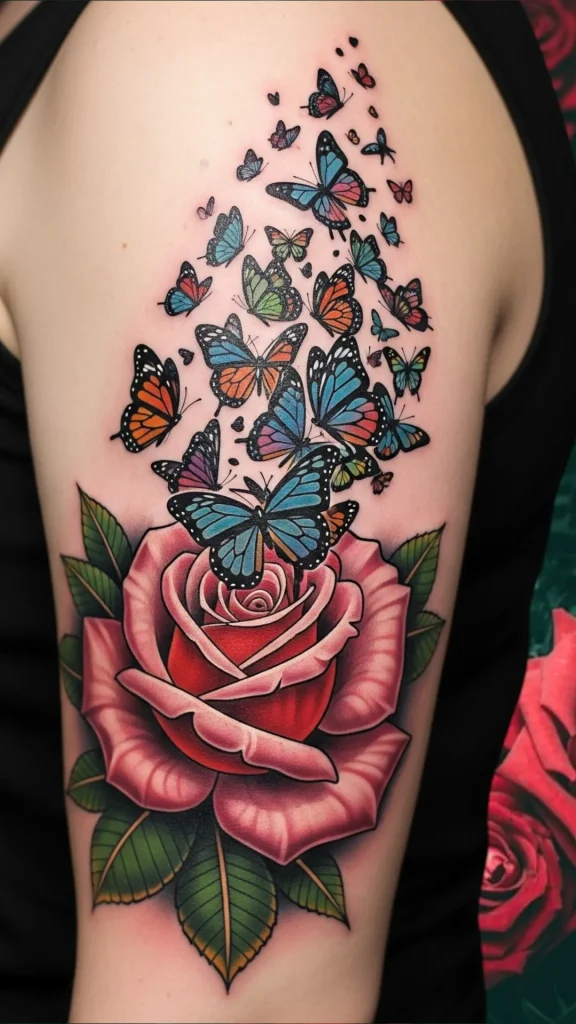 Butterflies Emerging from Blooming Rose Tattoo