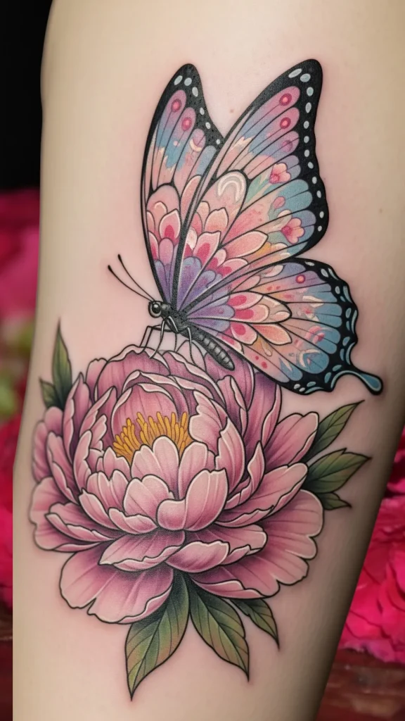 Butterfly on Peony Bloom Tattoo
