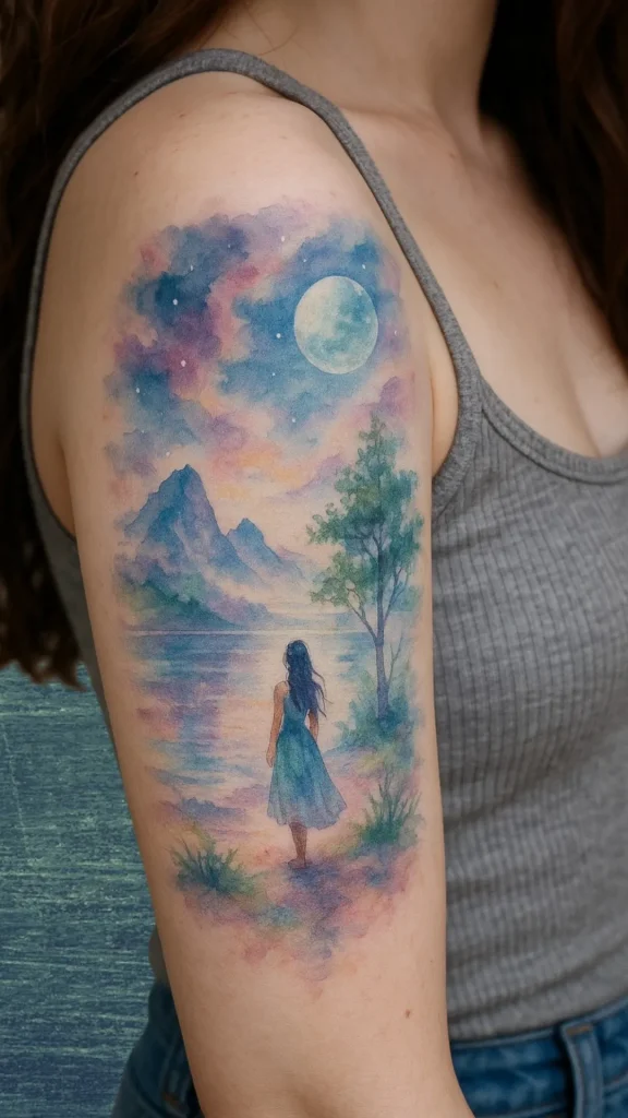Dreamscape Watercolor Scene Tattoo