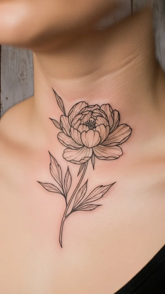 Fine Line Peony Collarbone Tattoo