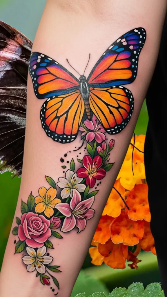 Floating Butterfly with Floral Trail Tattoo