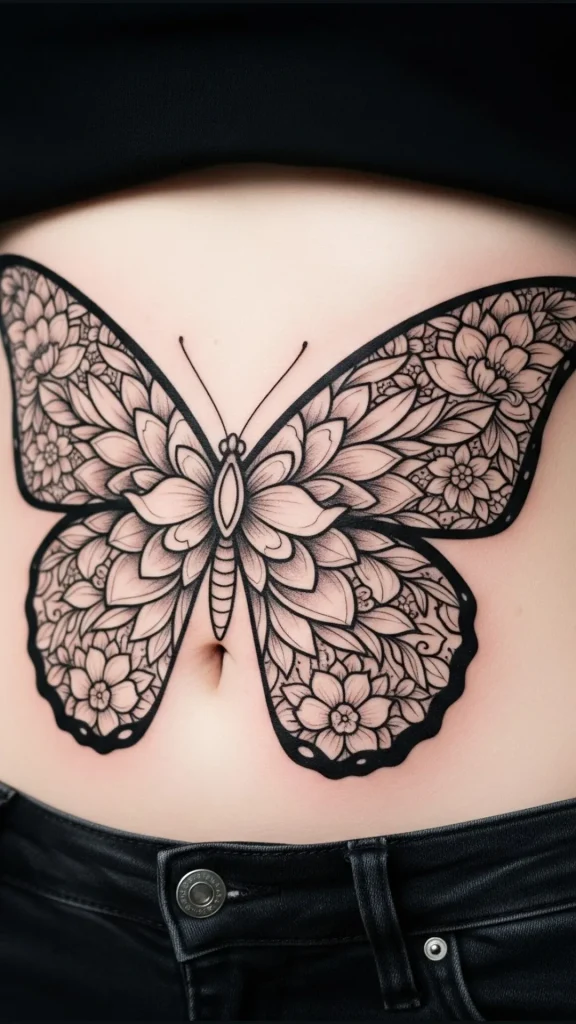 Line Art Butterfly with Floral Fill Tattoo