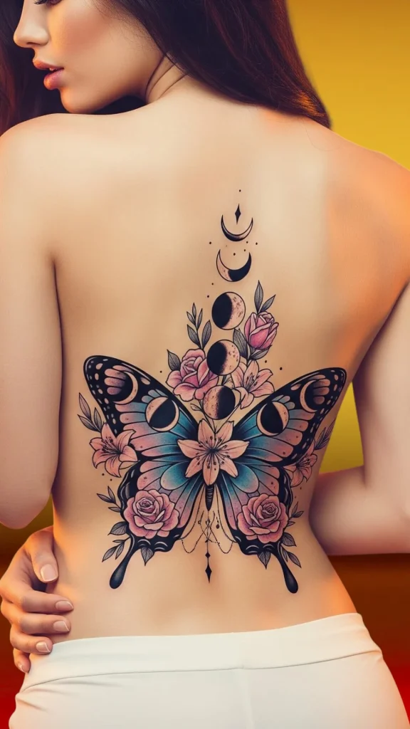 Moon Phase Butterfly with Floral Accents Tattoo
