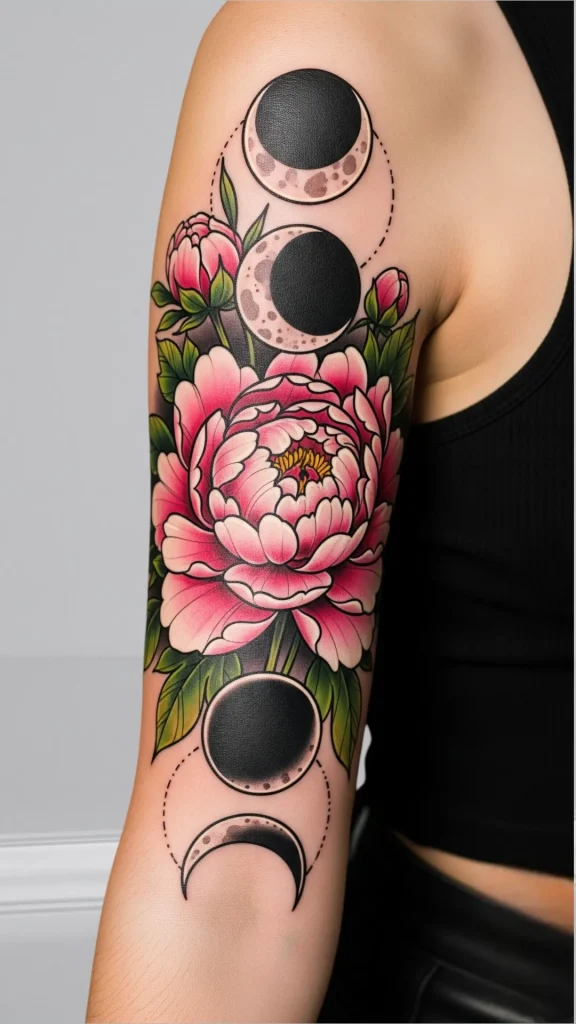 Peony Moon Phase Tattoo