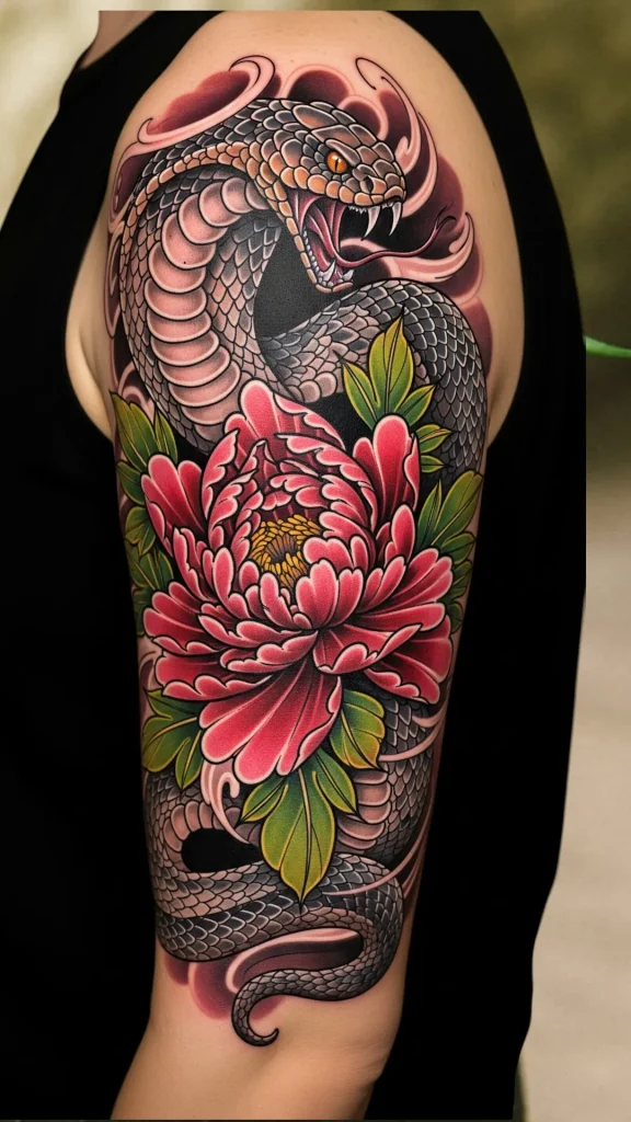 Peony & Snake Tattoo