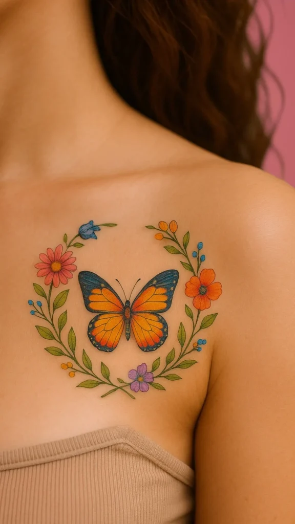 Tiny Butterfly with Wildflower Wreath Tattoo