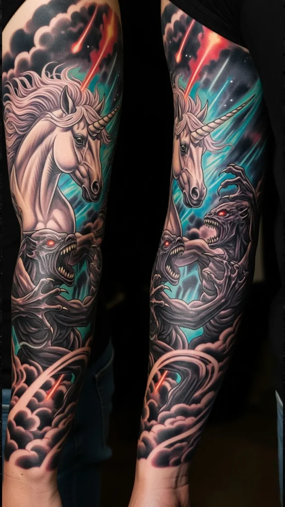 Unicorn & Nightmare Duel Sleeve Tattoo