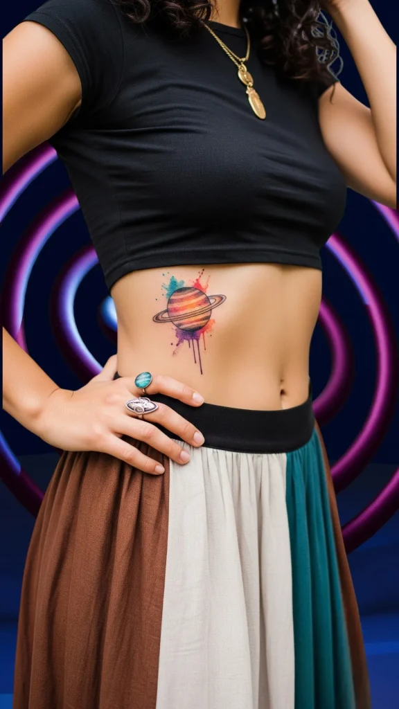 Watercolor Ink Planet Ring Tattoo