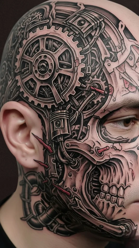 Biomechanical Face Head Tattoo
