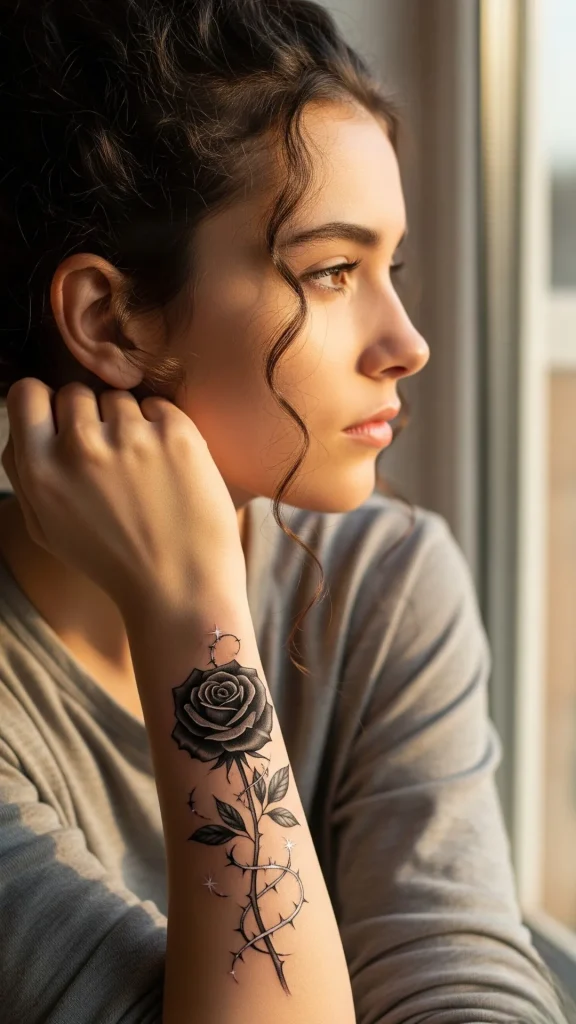 Black Rose with Silver Thorns Tattoo