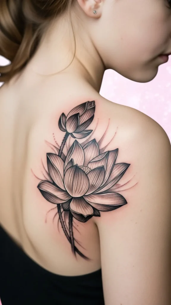 Black and Grey Lotus Realism Tattoo