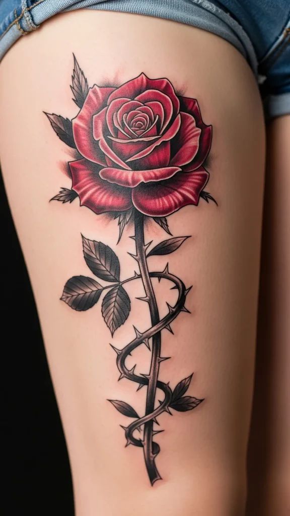 Blooming Rose with Spiral Thorns Tattoo