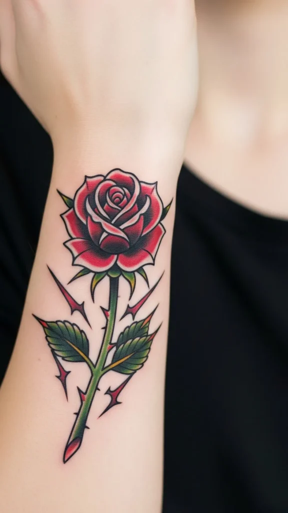 Classic Rose with Sharp Thorns Tattoo
