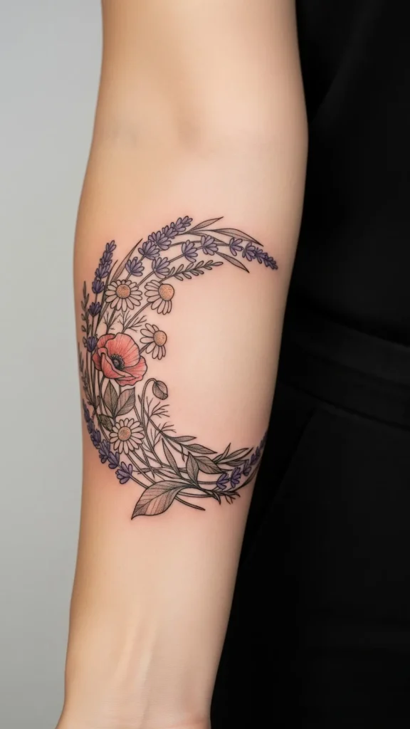 Crescent Moon Wildflower Tattoo
