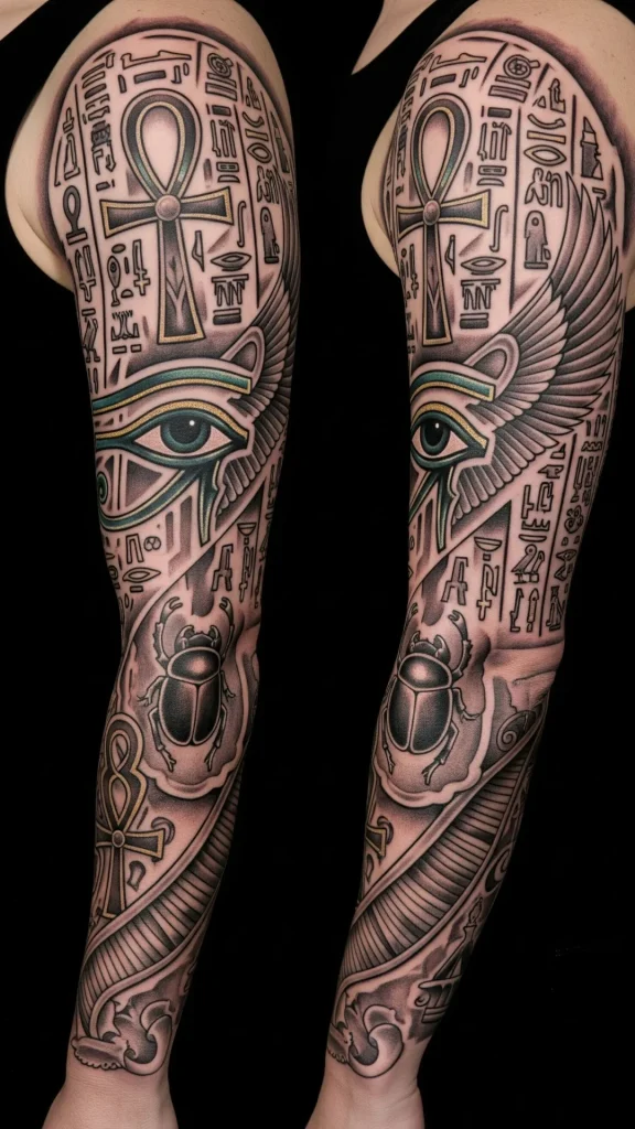 Egyptian Sacred Symbols Sleeve Tattoo