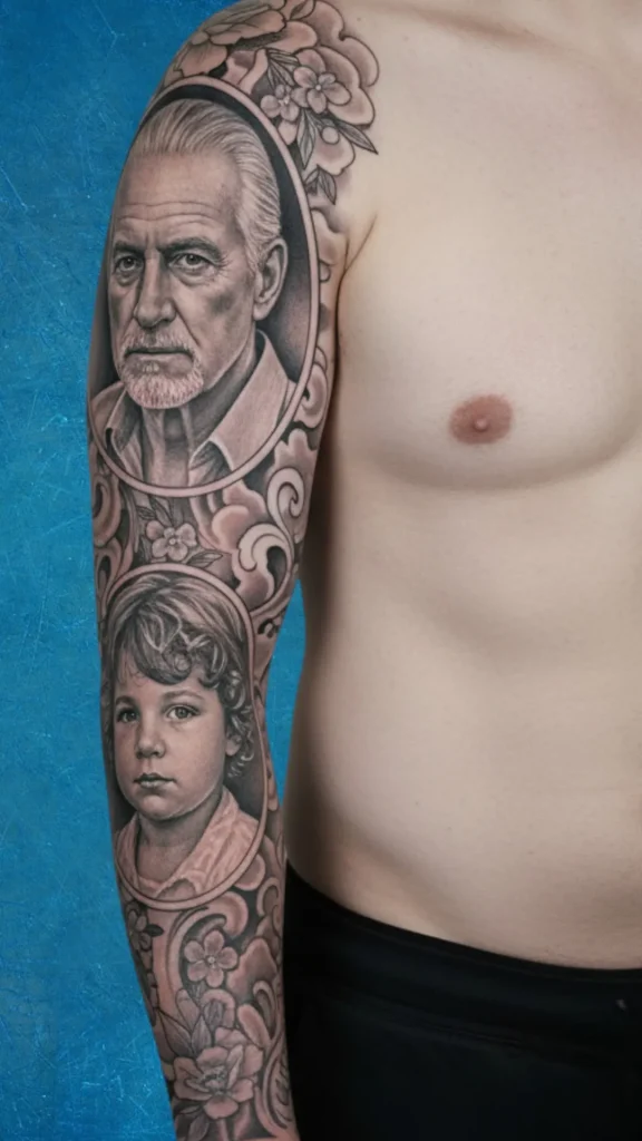 Fine Line Portraits of Loved Ones Tattoo