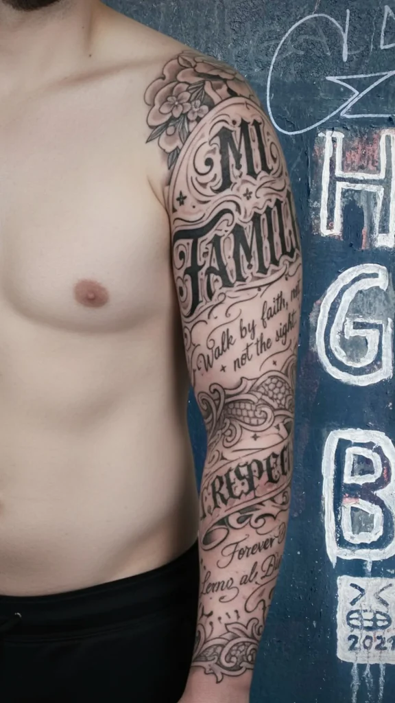 Fine Line Script & Chicano Lettering Tattoo