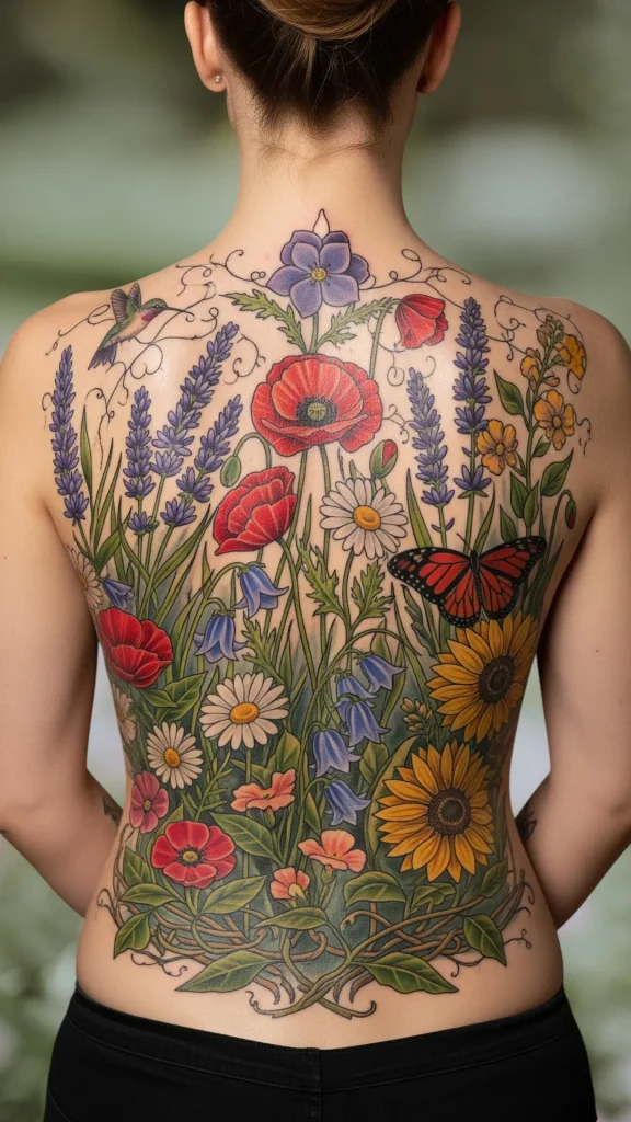 Full Back Wildflower Scene Tattoo