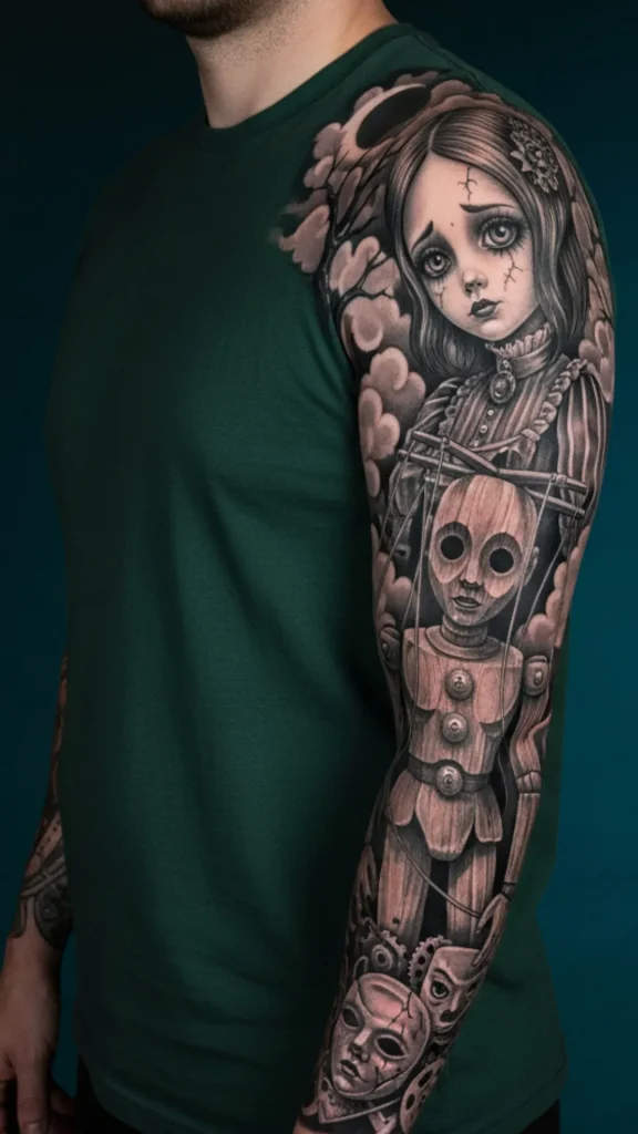 Gothic Doll & Marionette Sleeve Tattoo