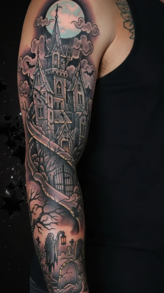 Haunted Castle Sleeve Tattoo