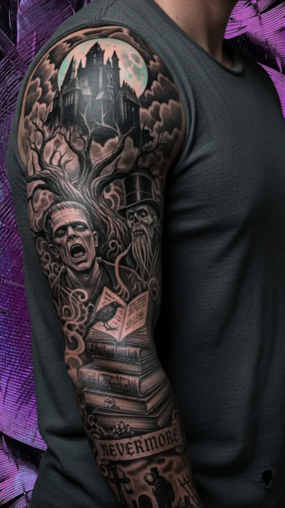 Horror Literature Sleeve Tattoo