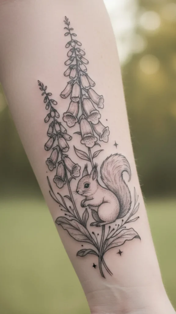 Micro Squirrel & Foxglove Tattoo