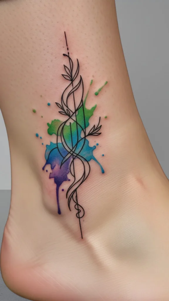 Minimalist Line Art with Watercolor Splash Tattoo