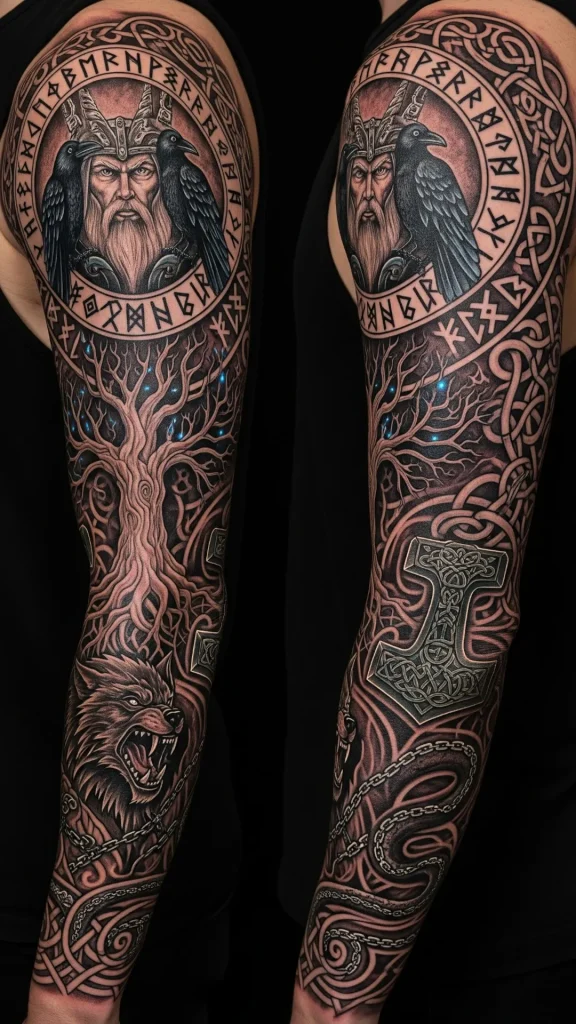 Norse Runes and Mythology Sleeve Tattoo
