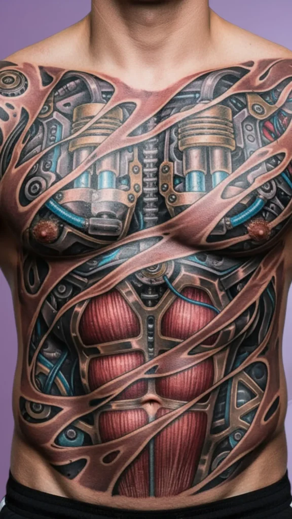 Ripped Skin Biomechanical Chest Tattoo
