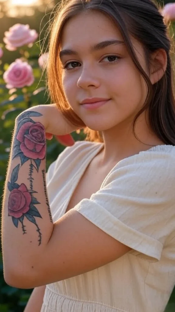 Rose with Thorny Script Tattoo