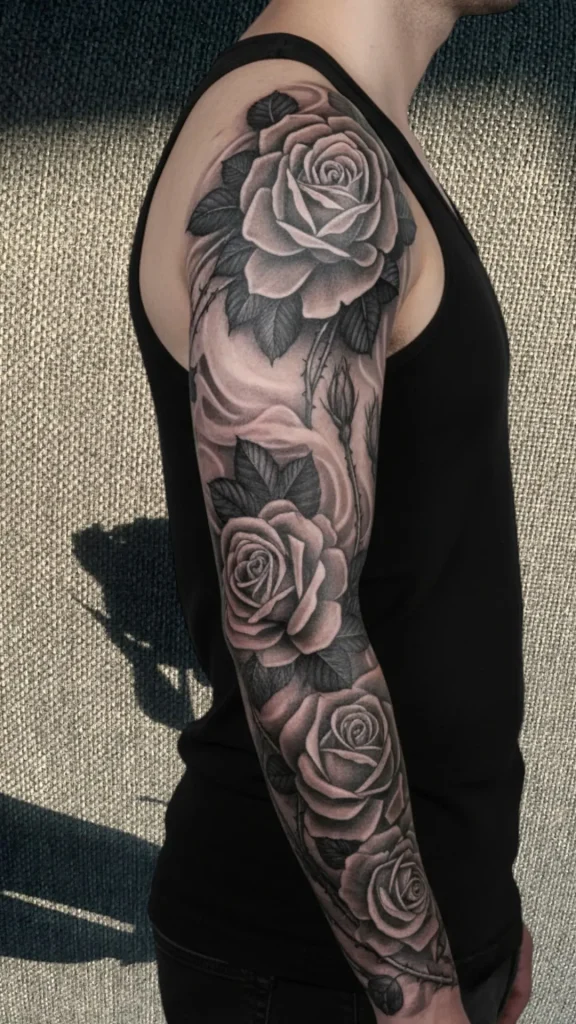 Roses and Shadows Sleeve Tattoo