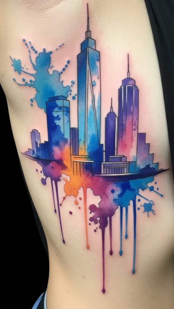 Skyline and Cityscape Tattoos in Watercolor