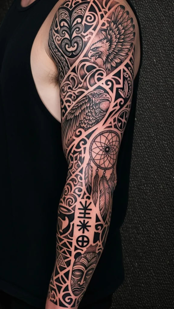 Tribal Ancestry Sleeve Tattoo