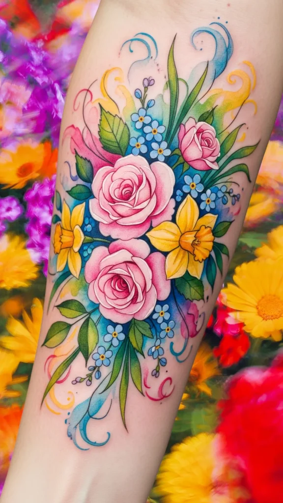 Watercolor Floral Blooms Tattoos