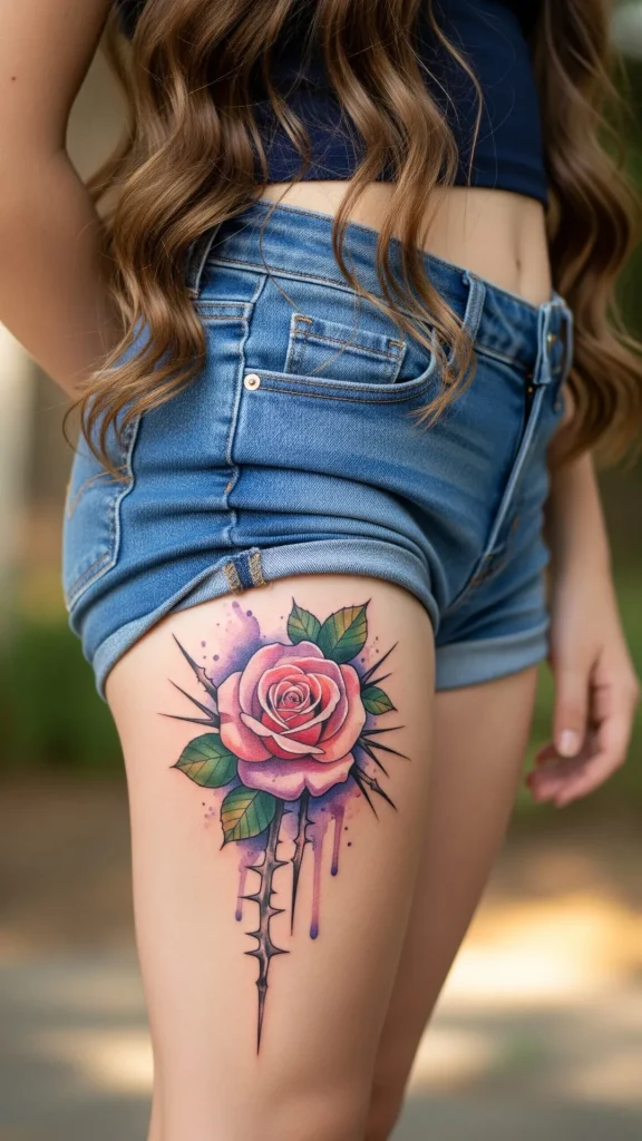 Watercolor Rose with Jagged Thorns Tattoo