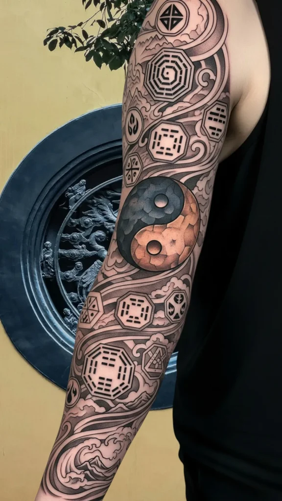 Yin Yang & Taoist Symbol Sleeve Tattoo