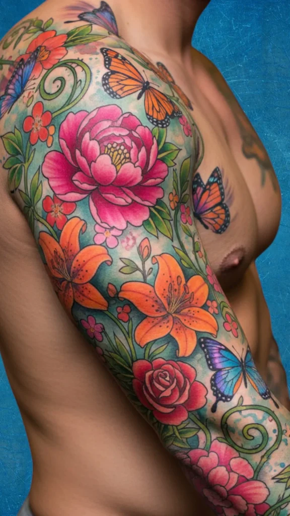 Floral Explosion with Butterflies Tattoo