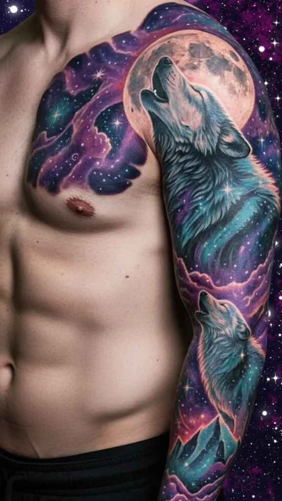 Galaxy Wolves Howling at the Moon Tattoo