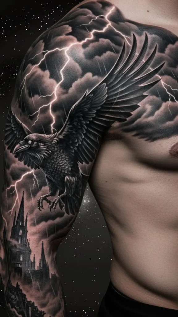 Gothic Raven in Stormy Skies Tattoo