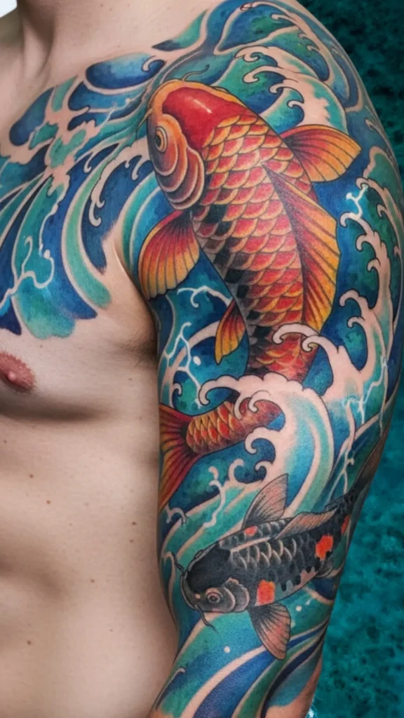 Koi Fish in Watercolor Waves Tattoo