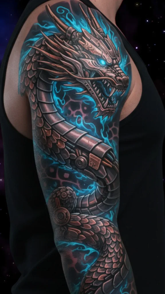 Mechanical Dragon Sleeve Tattoo