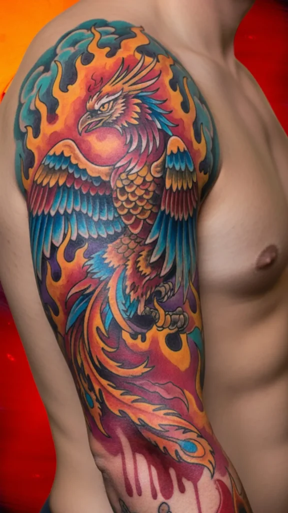Phoenix Rising in Watercolor Flames Tattoo