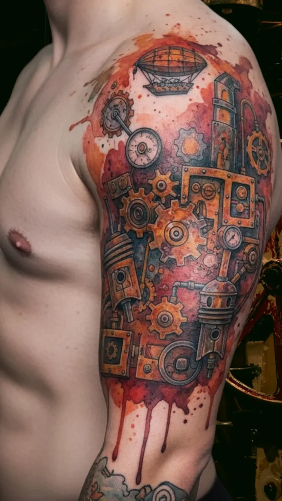 Steampunk Machines in Watercolor Rust Tattoo