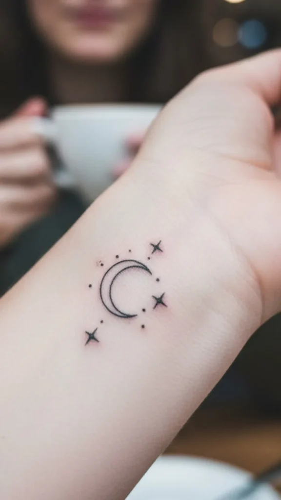 Tiny Crescent Moon with Stars Tattoo