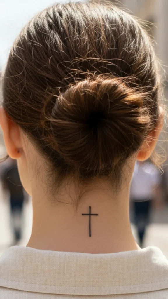 Tiny Cross on the Nape Tattoo