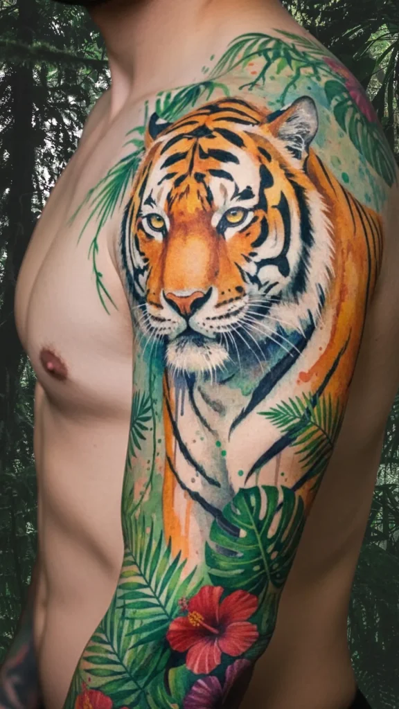 Watercolor Tiger With Jungle Backdrop Tattoo